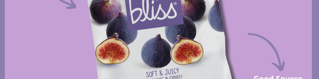 Packaging of fruit bliss mini figs on a purple background with product benefits.