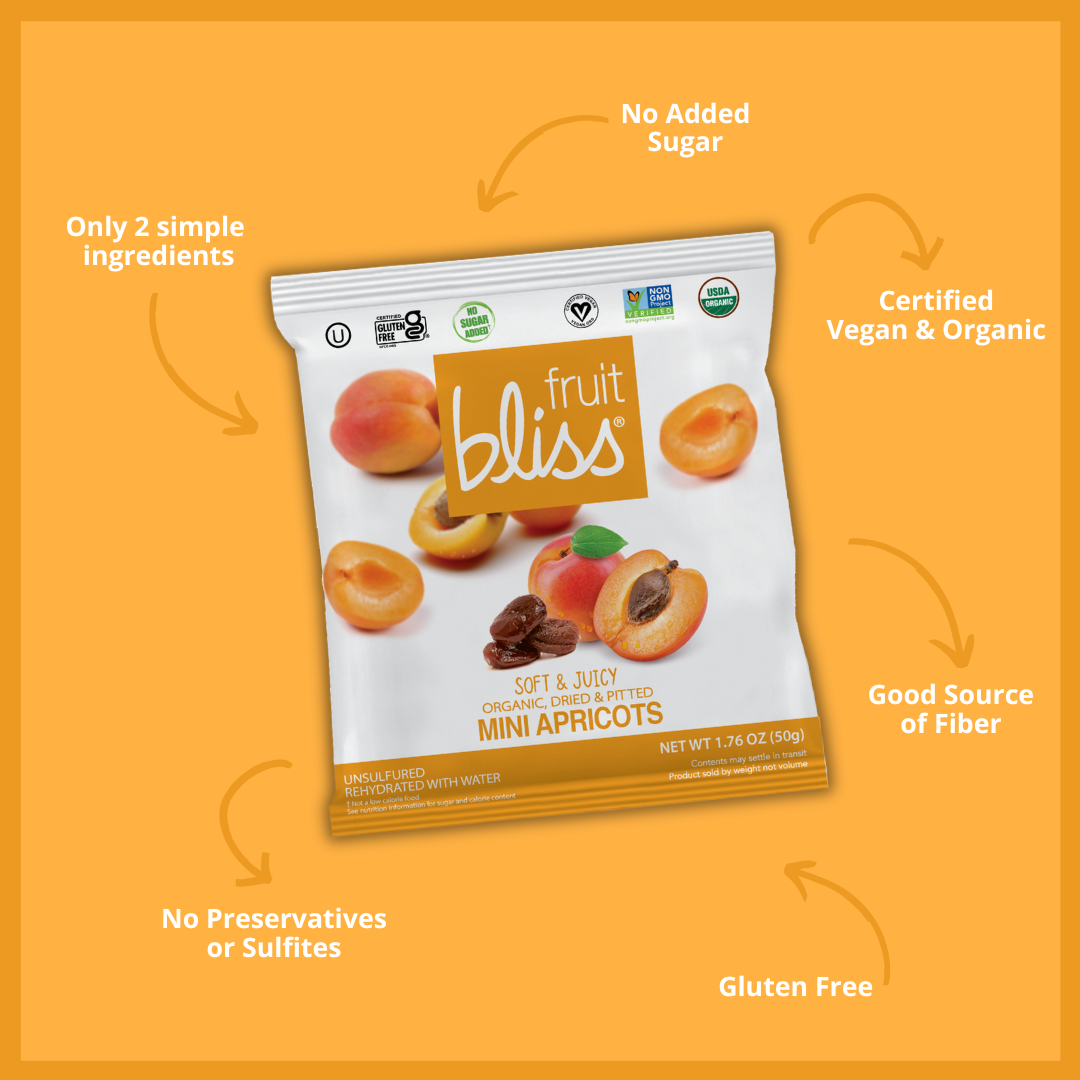 Packaging of fruit bliss mini apricots on an orange background with product benefits
