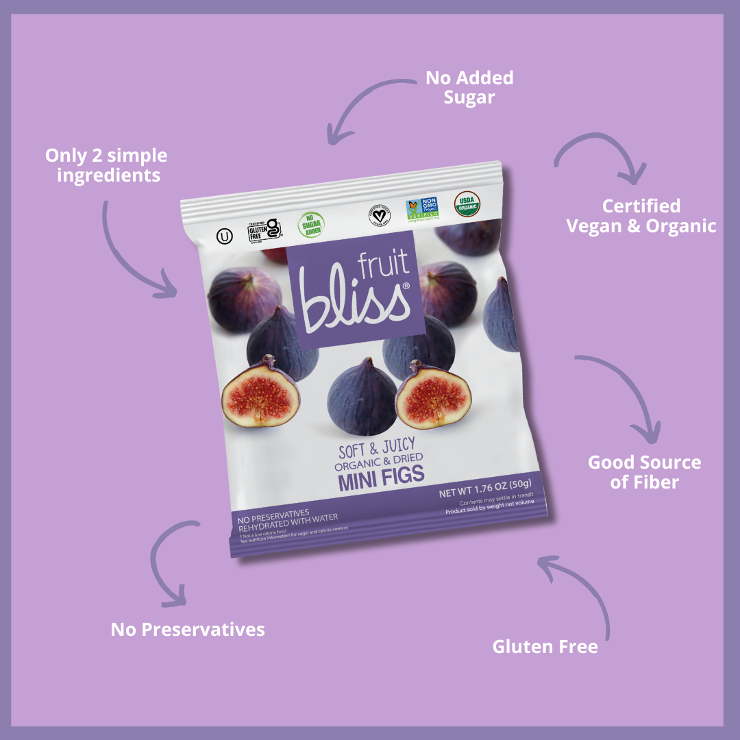 Packaging of fruit bliss mini figs on a purple background with product benefits.