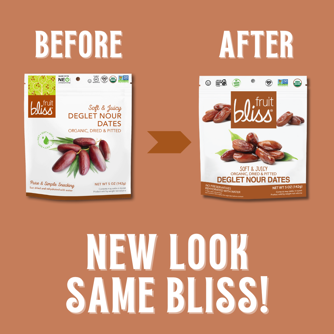 Fruit Bliss Organic Deglet Nour Dates Before & After Packaging 6 Pack Case 