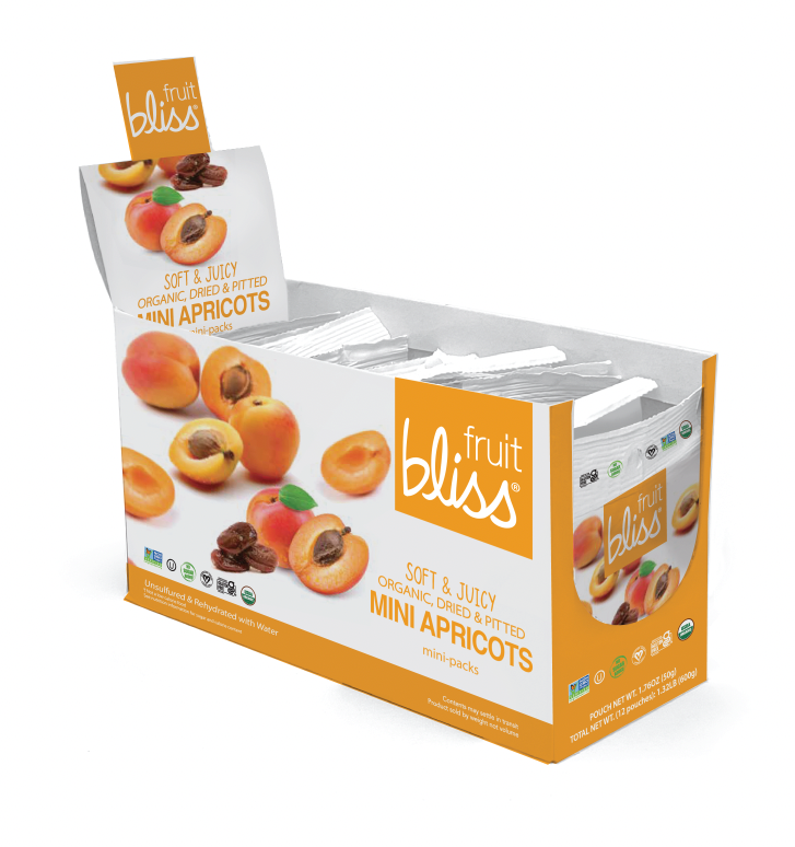 Caddy of 12 Fruit Bliss mini apricots on a white background