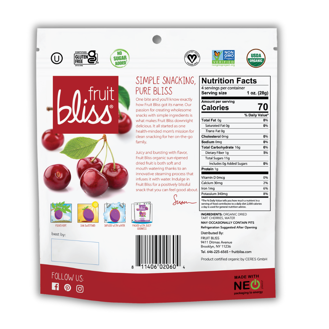 Fruit Bliss Organic Tart Cherries Snacks 4 oz. (Case of 6)