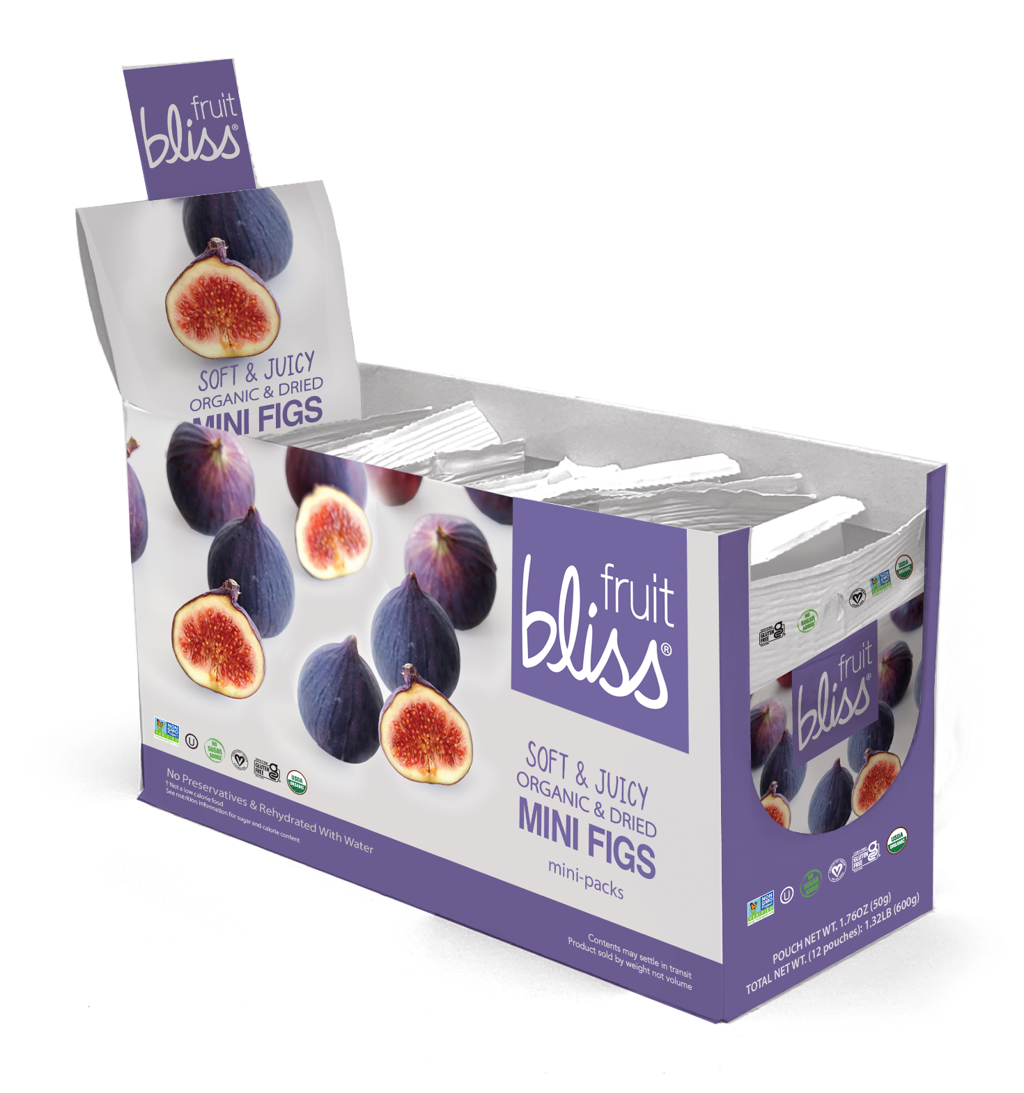 Box of Fruit Bliss mini figs packaging on a white background
