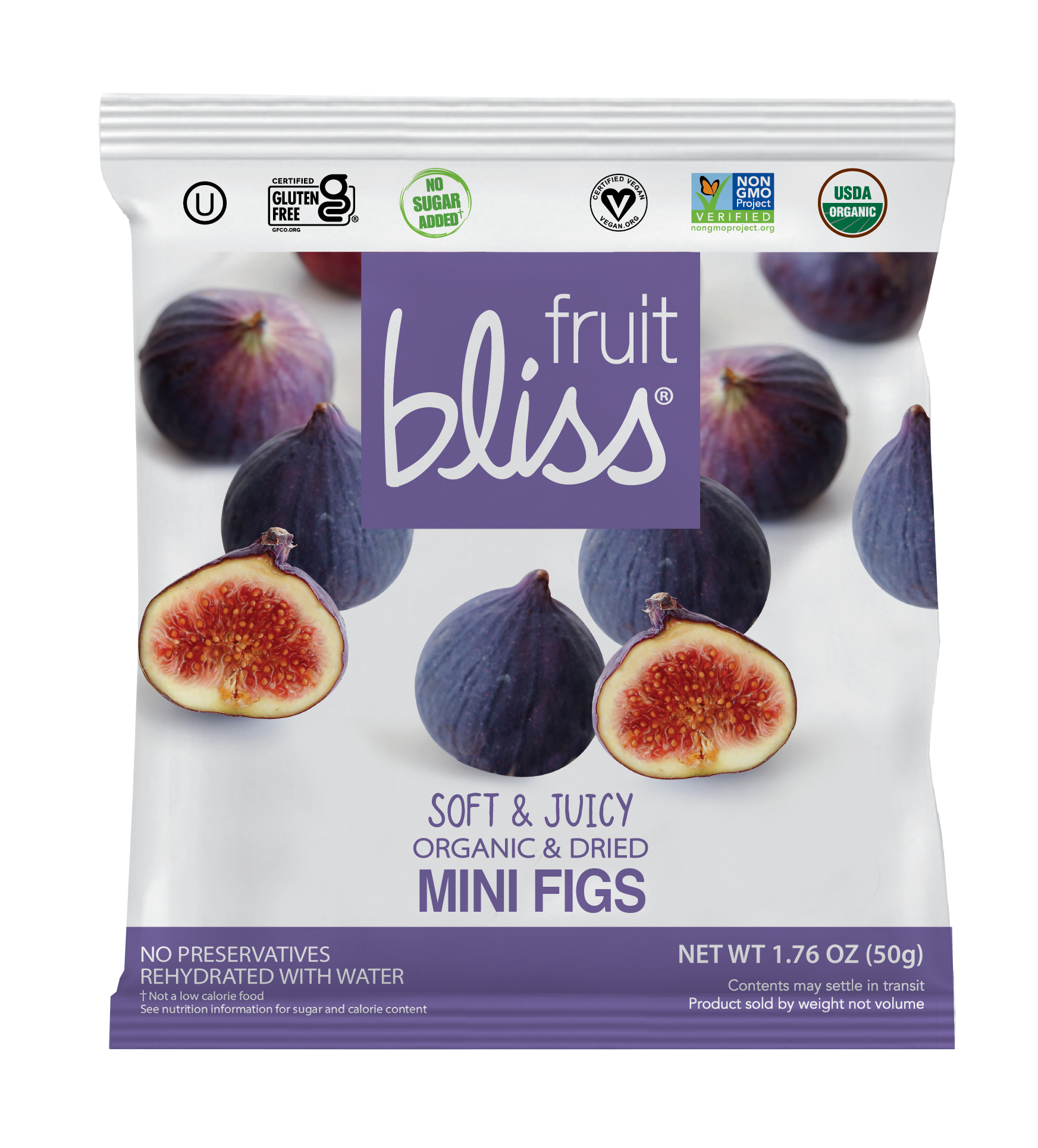 Packaging of Fruit Bliss organic and dried mini figs on a white background